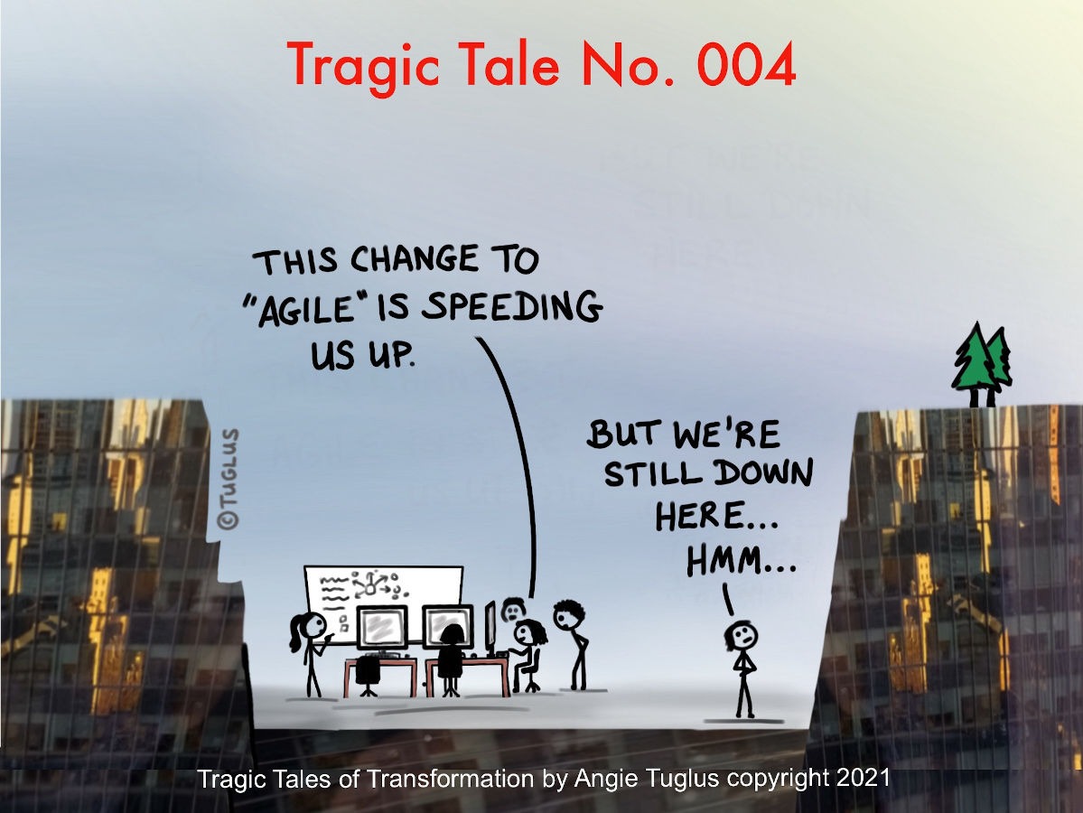 Comic: the team implements Agile delivery in an attempt to fix a struggling transformation