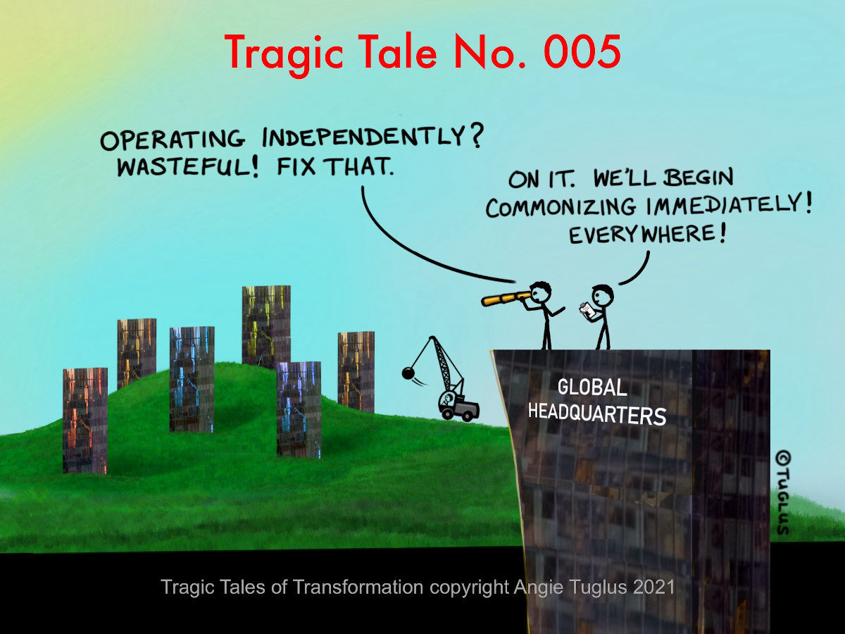 Comic: headquarters decides that having independently operating divisions is wasteful...
