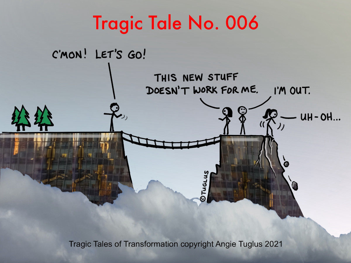 Comic: people on a crumbling mountaintop are afraid to cross a bridge to a new mountain, created by Angie Tuglus