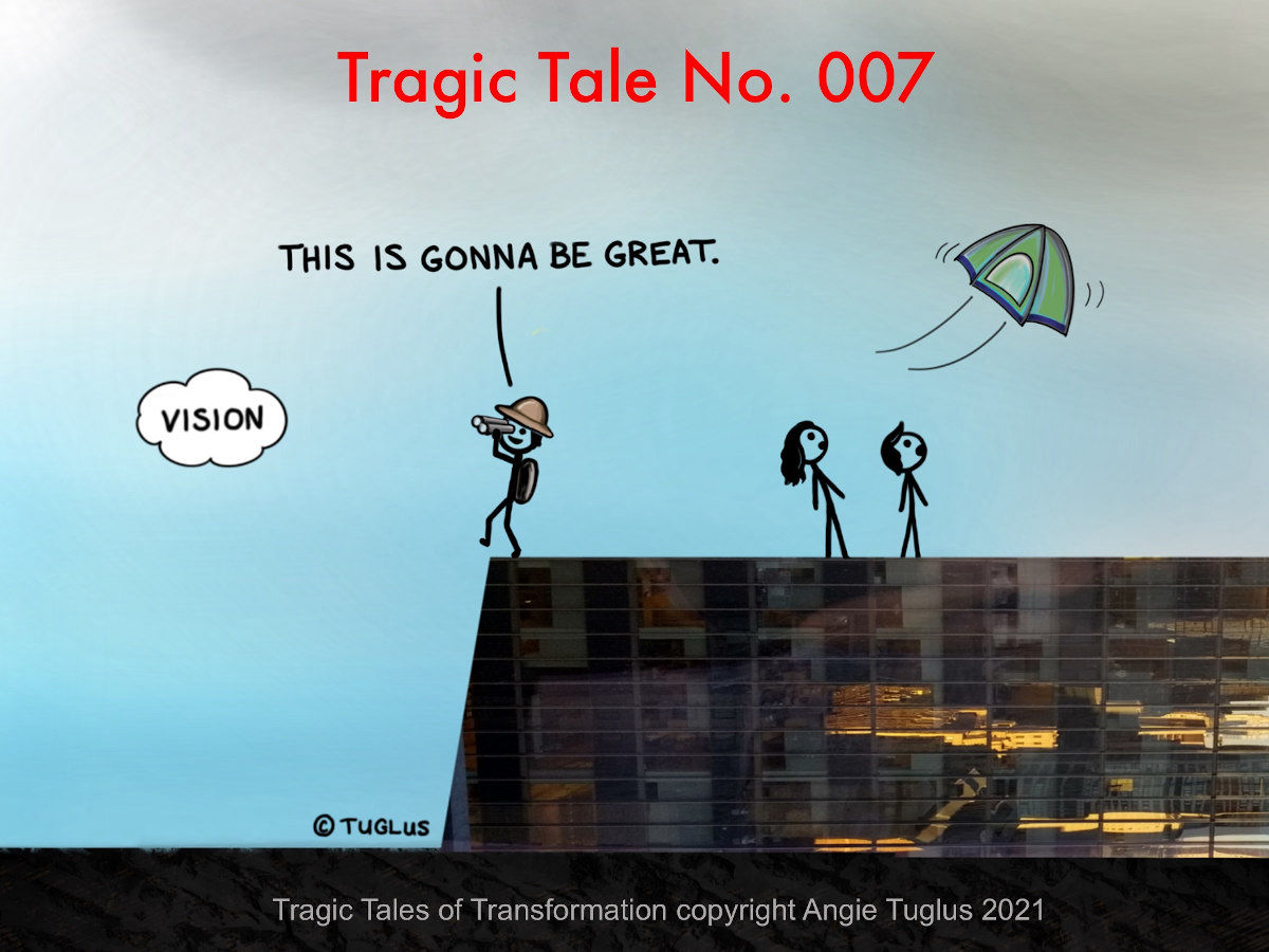 Comic by Angie Tuglus: explorer in hat and binoculars is fixated on a distant vision cloud and about to walk off the cliff. Behind here, people watch their tent fly away.