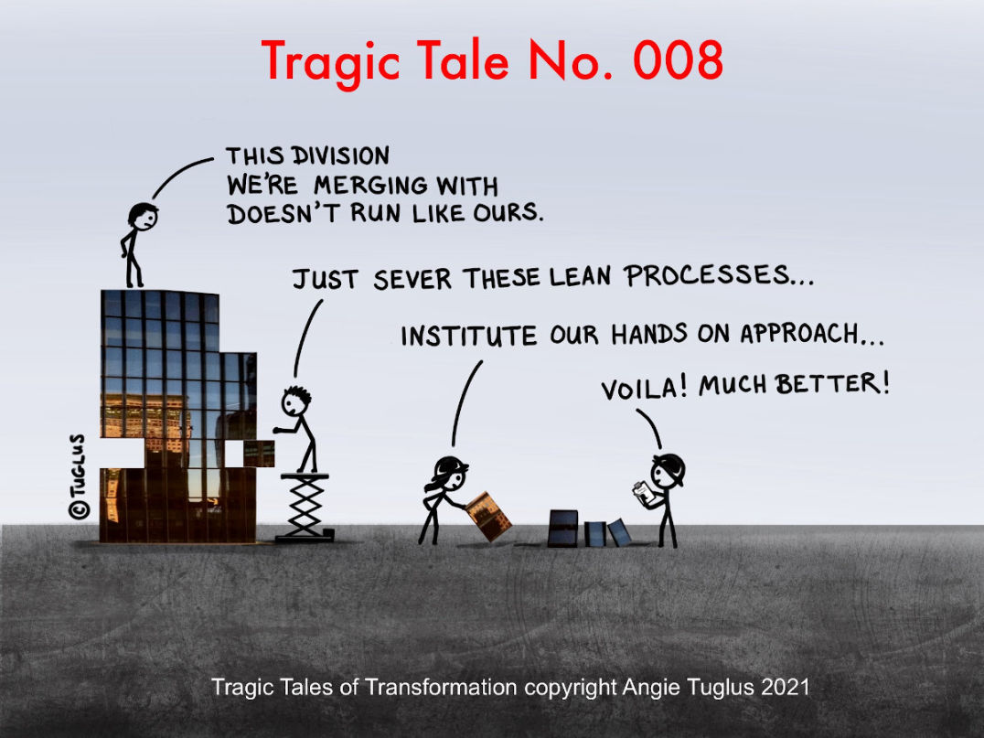 Comic by Angie Tuglus: people dismantle lean processes to go back to hands on management