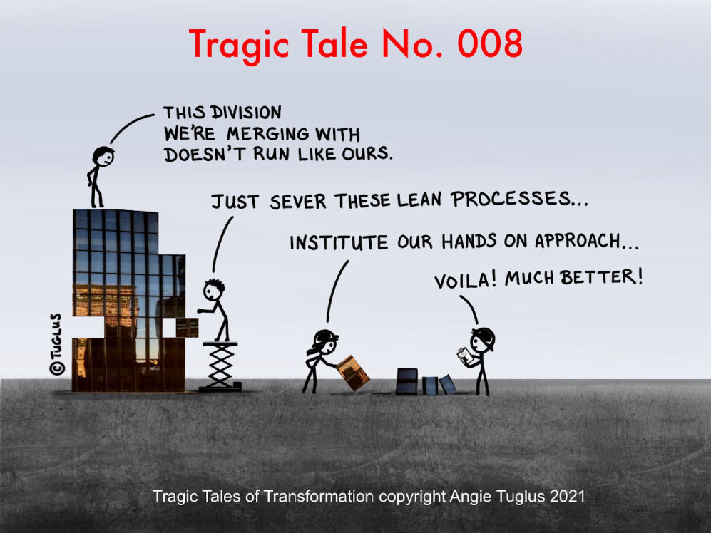 Comic by Angie Tuglus: figures dismantle the lean processes in their acquired company