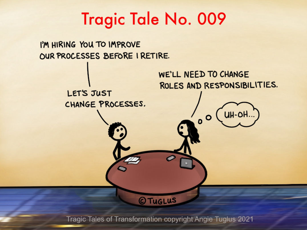 Comic by Angie Tuglus:A CEO hires a productivity expert but balks at changes roles and responsibilities