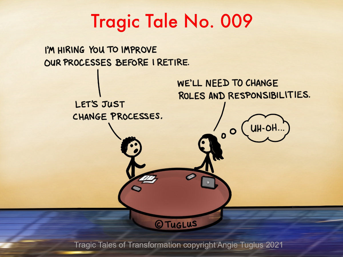 Comic by Angie Tuglus: a CEO hires a consultant to improve his processes but balks at changing roles and responsibilities